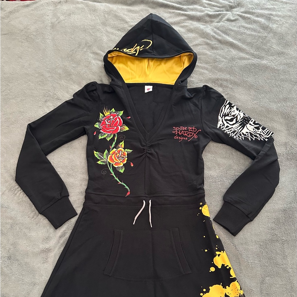 NWOT Classic Ed Hardy Women's Black Hoodie Dress with Drawstring Waist Size L